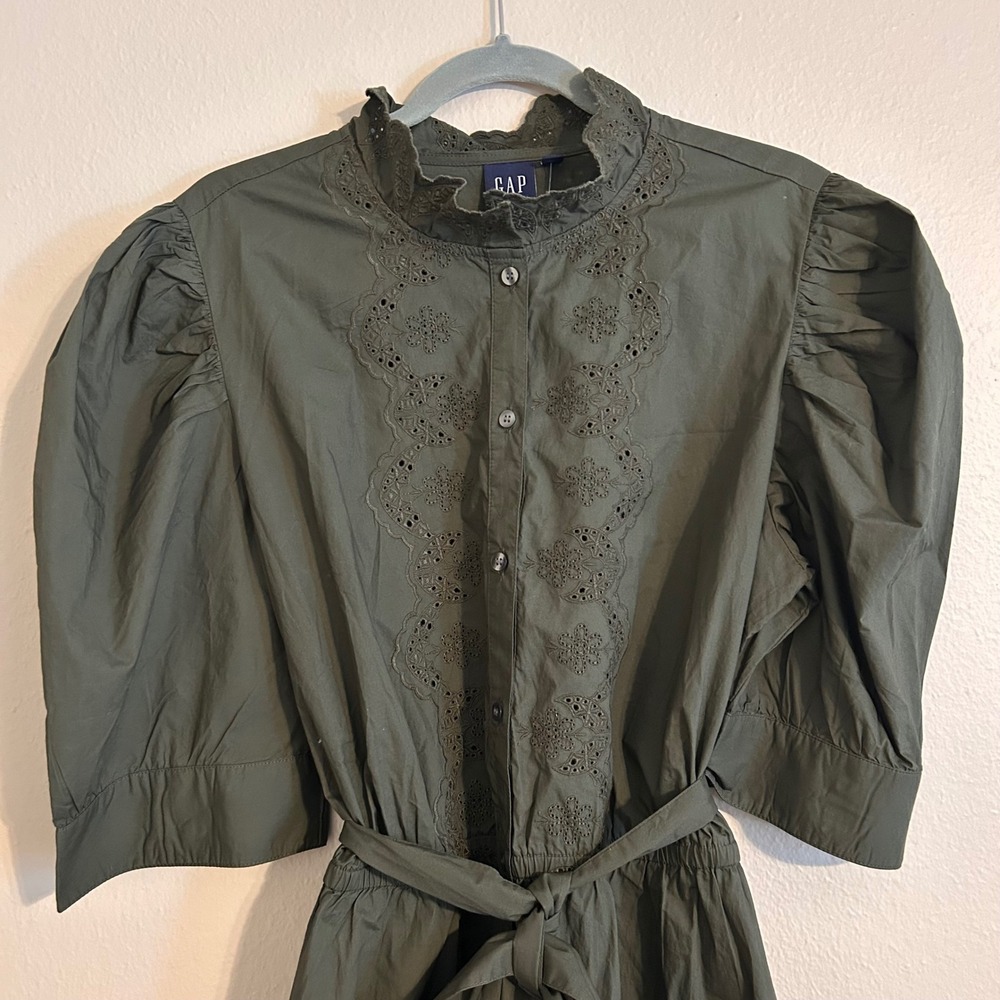 GAP Womens Olive‎ Green Eyelet Lace Puff Sleeve Belted Midi Dress XL TALL - Picture 3 of 13